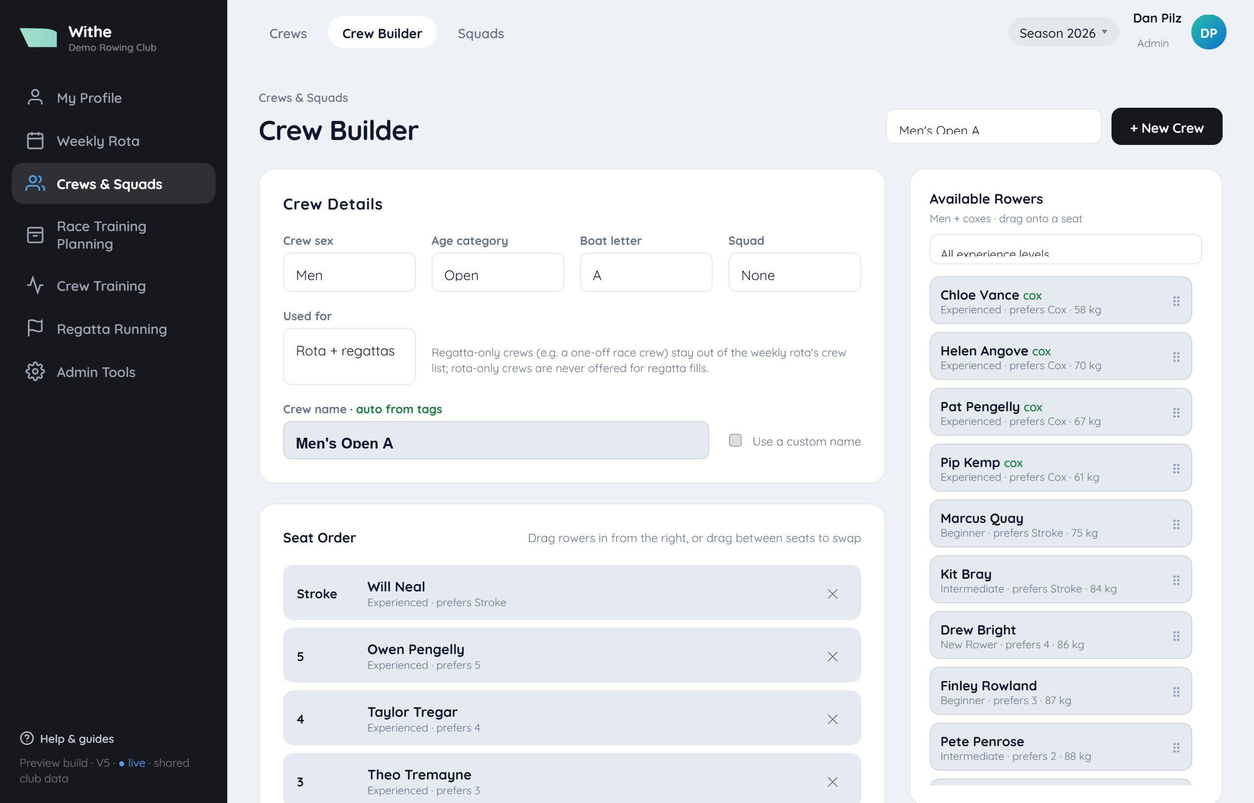 The crew builder, seat by seat