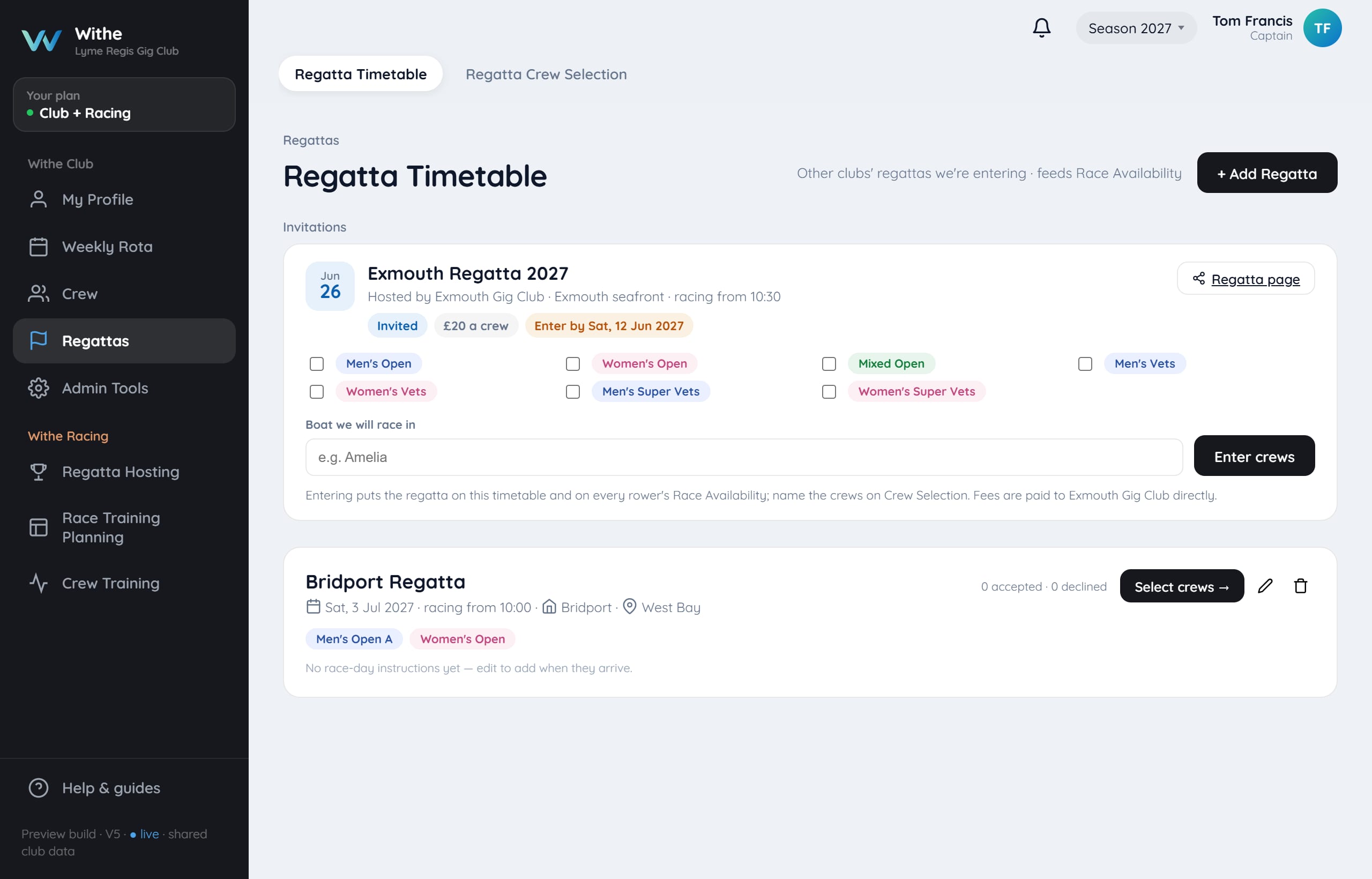 An invitation to a regatta hosted on Withe, on the Regatta Timetable