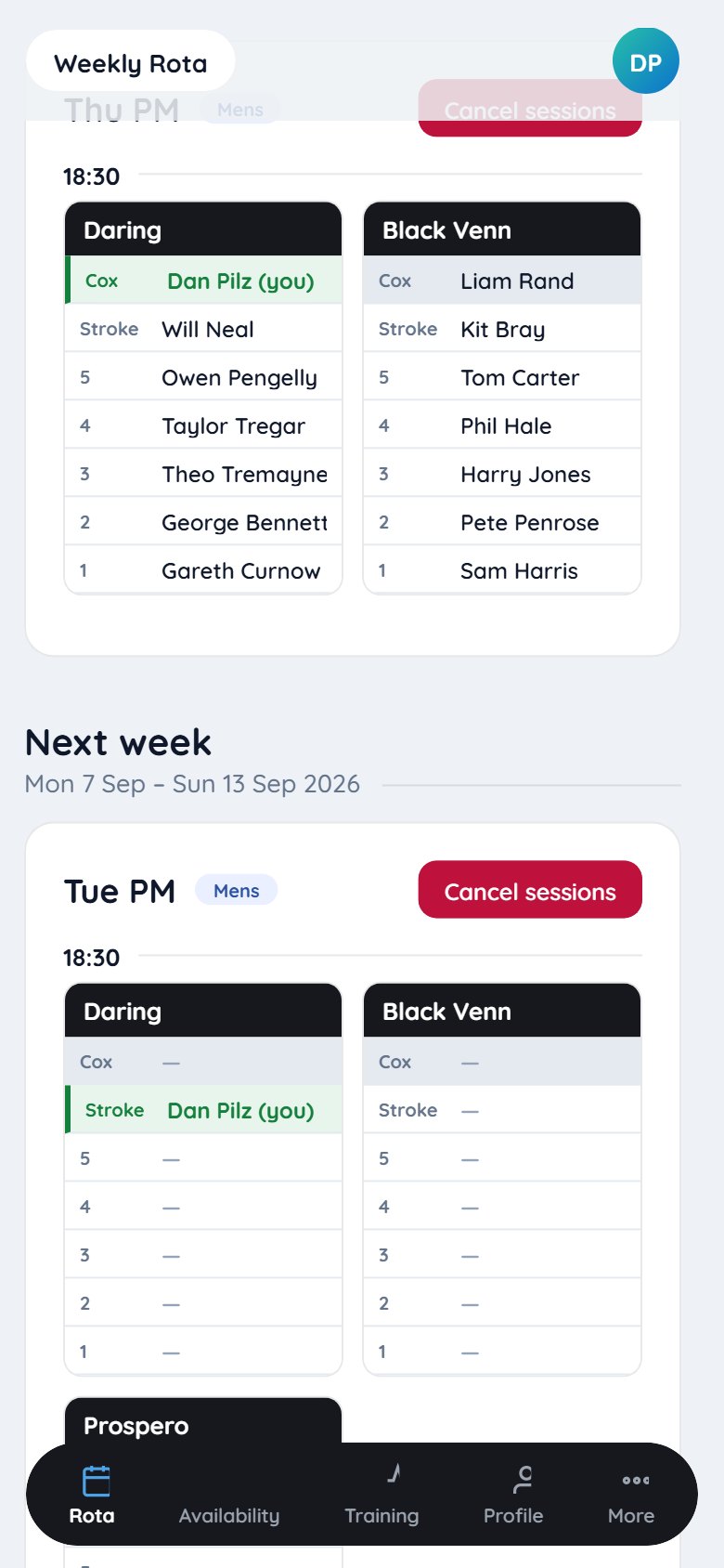 The published weekly rota, seat by seat